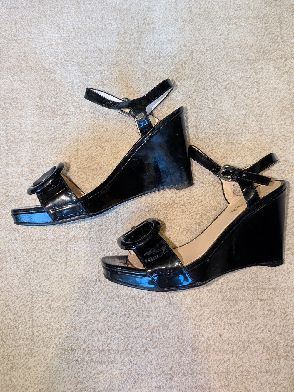 Prada Black Patent Leather Open Toe Buckle Wedges